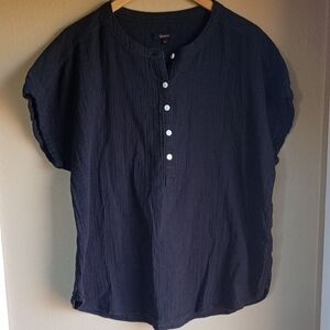 Quince Cotton short sleeve henley Style Shirt Blouse Black Size XL